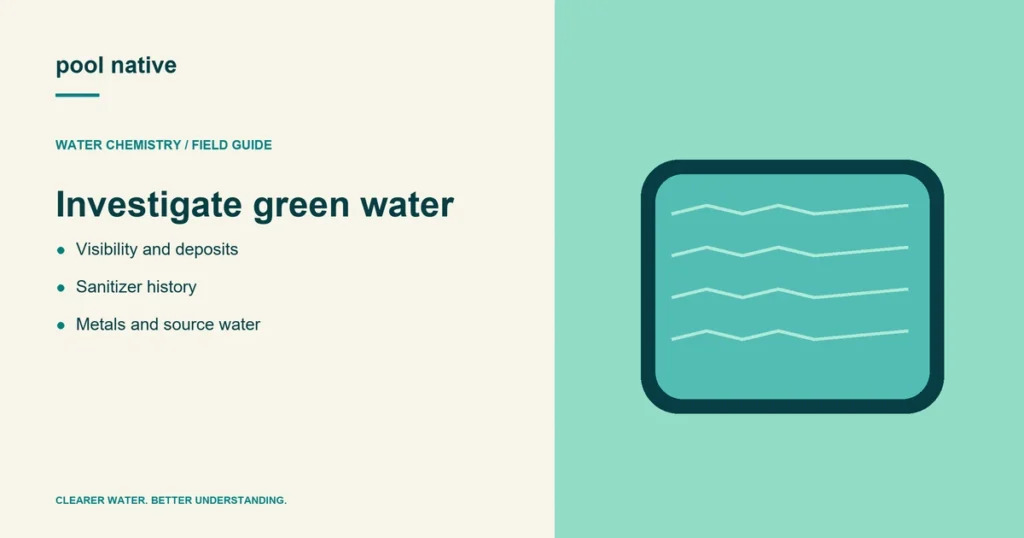 Investigate green water. Visibility and deposits; Sanitizer history; Metals and source water.