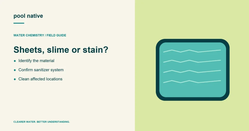 Sheets, slime or stain?. Identify the material; Confirm sanitizer system; Clean affected locations.