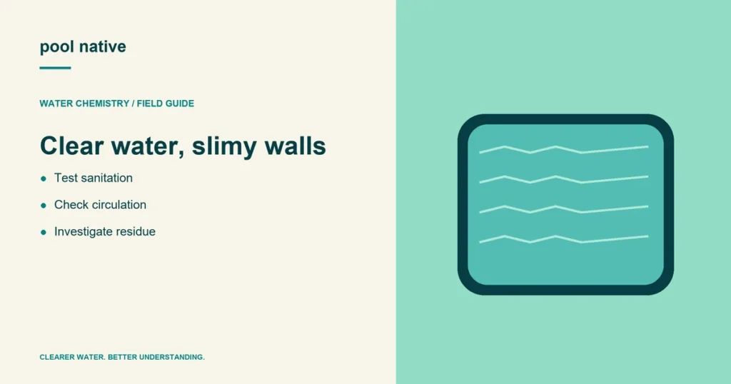 Clear water, slimy walls. Test sanitation; Check circulation; Investigate residue.