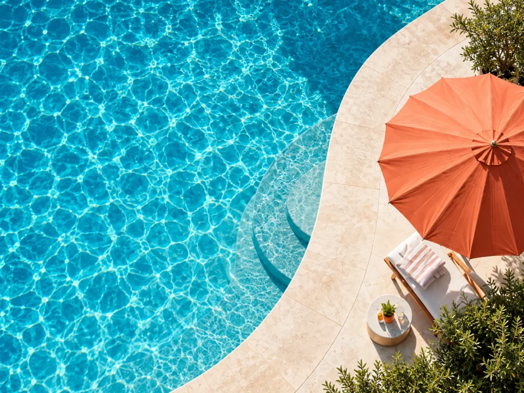 Clear turquoise pool beside a curved limestone terrace and coral parasol