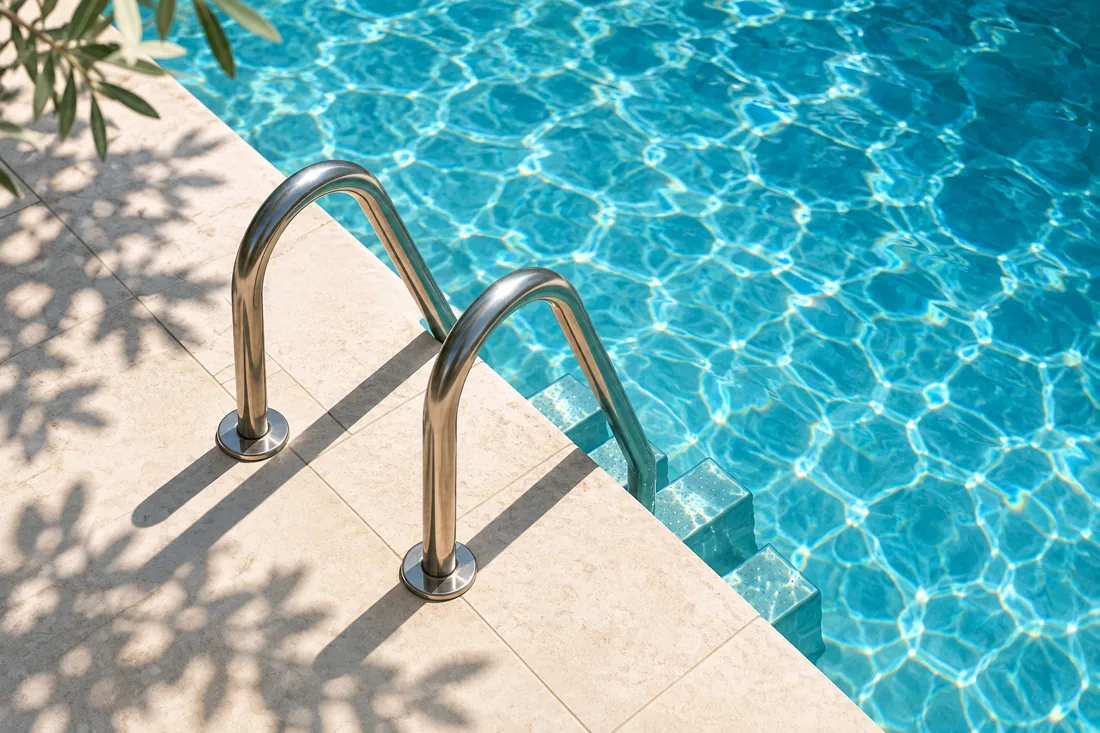 Stainless steel pool ladder beside sunlit water
