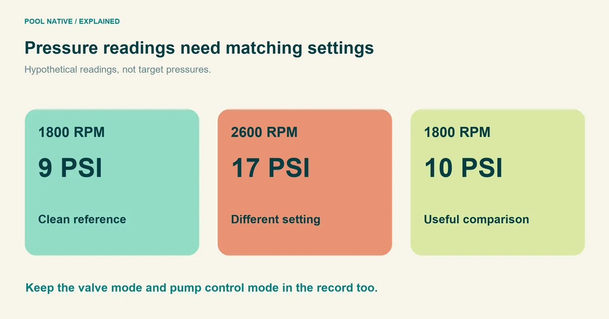 Hypothetical pressure readings showing why pump speed must match before comparing filter loading.
