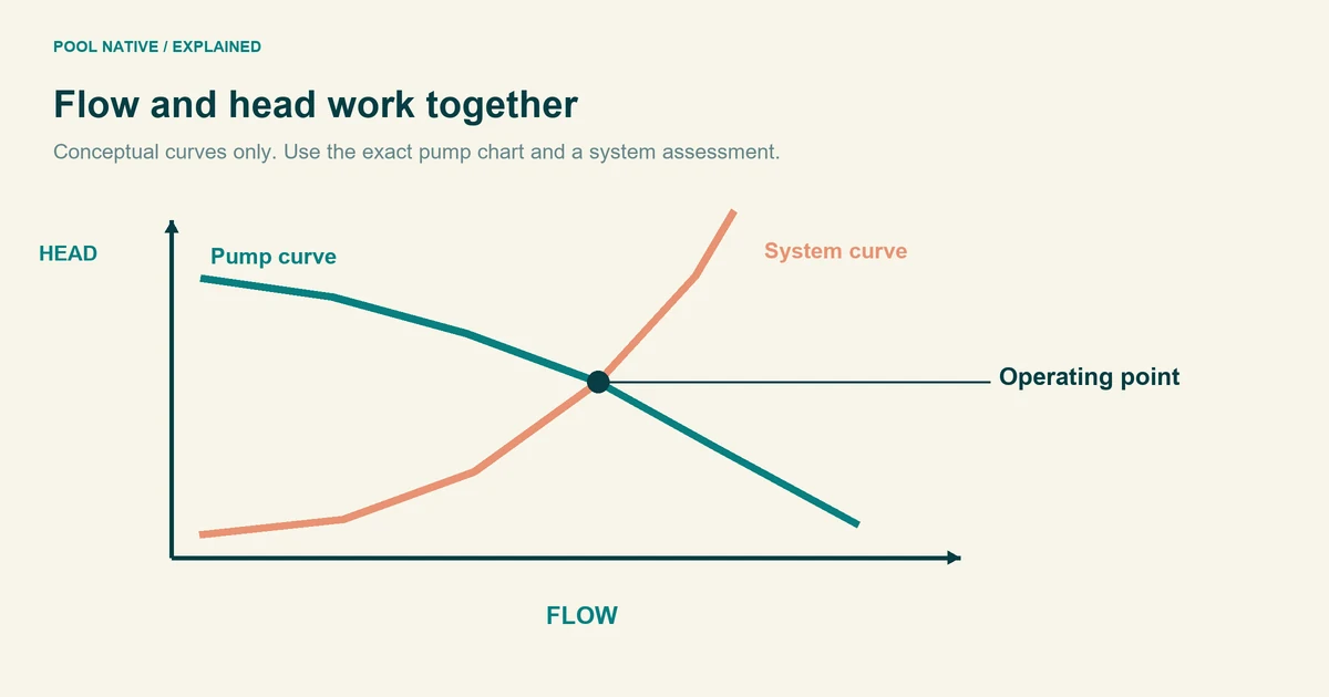 Conceptual pump and system curves intersecting at an operating point, not a real pump specification.