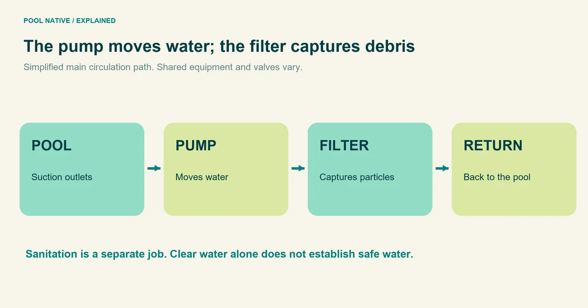 Simplified pool circulation path from pool to pump to filter and back to pool.