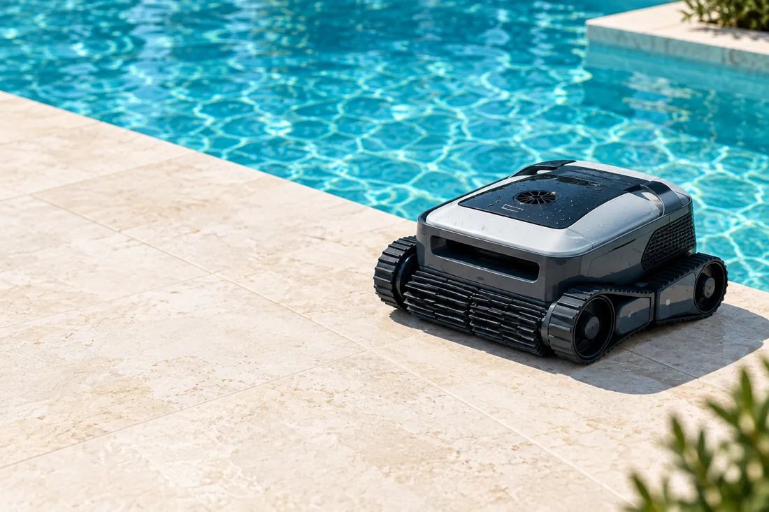 Illustrative robotic pool cleaner on a poolside deck