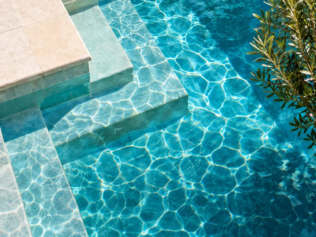 Sunlit limestone steps descending into clear turquoise pool water